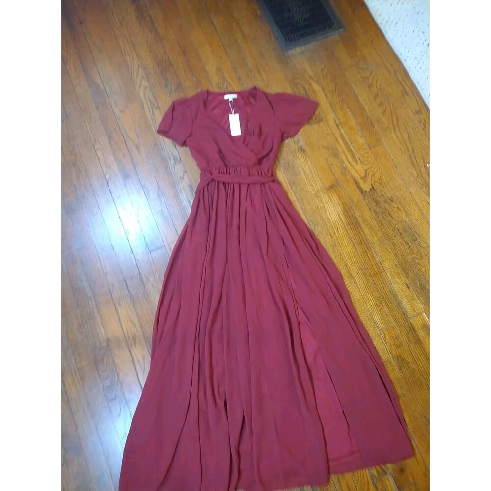NEW Baltic Born Kristina Maxi Dress Women's XS Burgundy Red Wrap Tie waist Slit